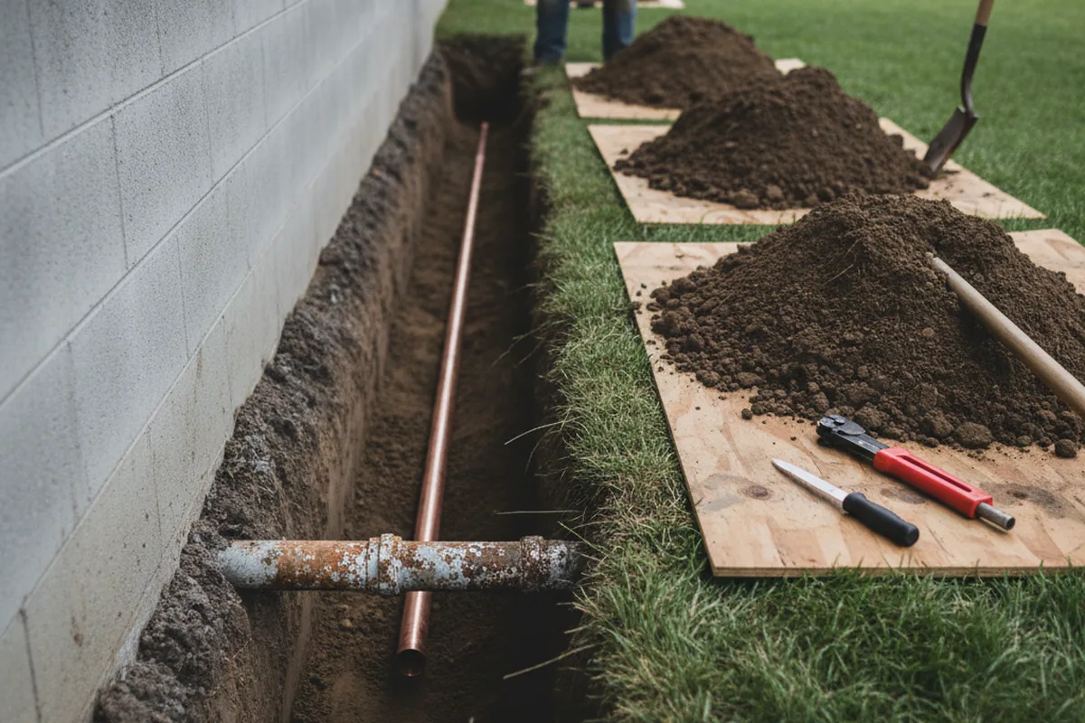 Excavated water line trench during Sewer Line Repair in Cornwall